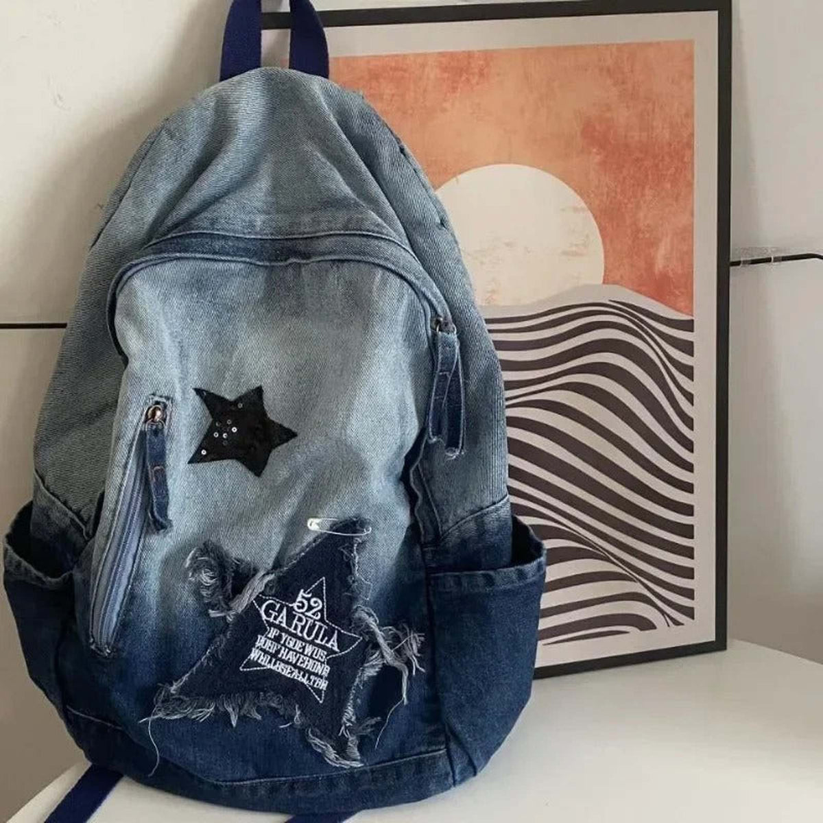 Star Pattern Denim Backpack Y2K Punk Vintage Oversized School Bag - IMG