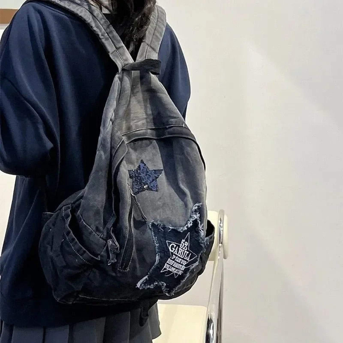 Star Pattern Denim Backpack Y2K Punk Vintage Oversized School Bag - IMG