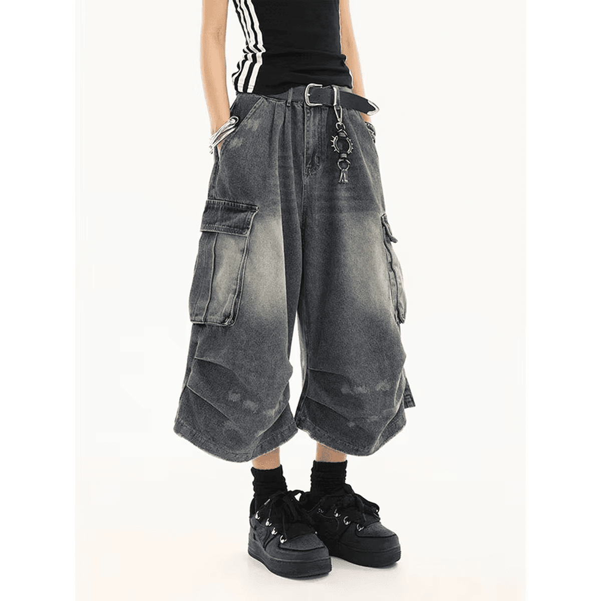 Vintage Washed Oversized Wide Leg Denim Shorts - IMG
