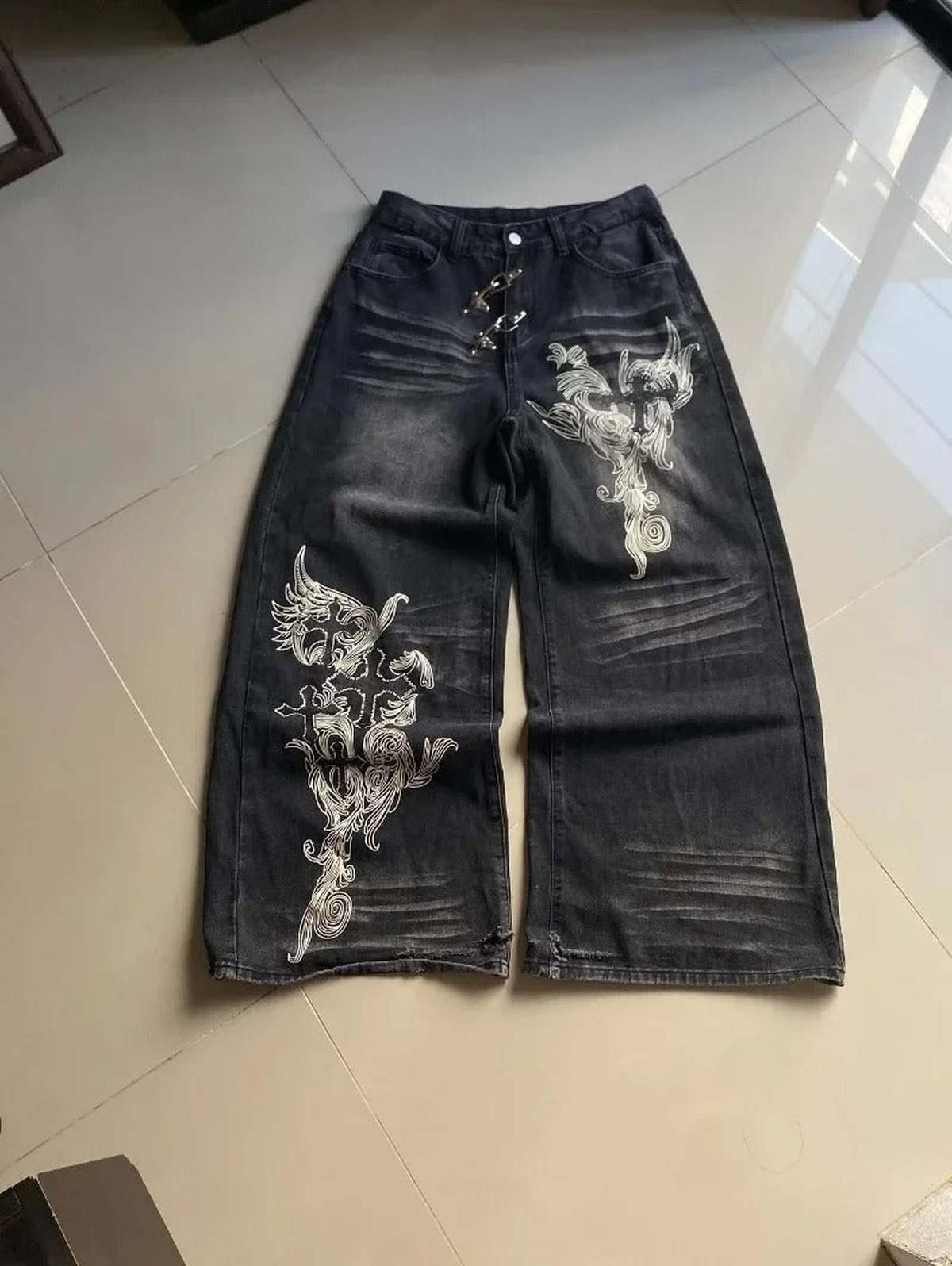 Washed Out Wide-Leg Denim — Y2K Oversized Graphic Jeans - IMG