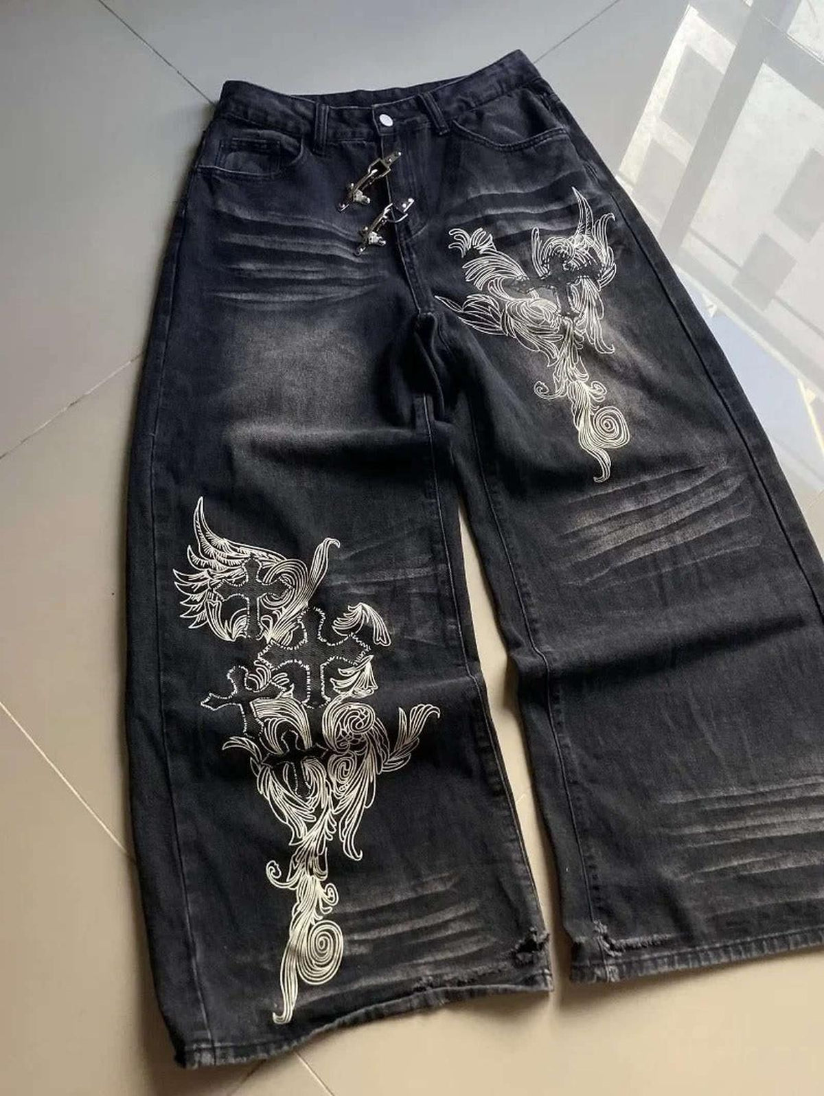 Washed Out Wide-Leg Denim — Y2K Oversized Graphic Jeans - IMG
