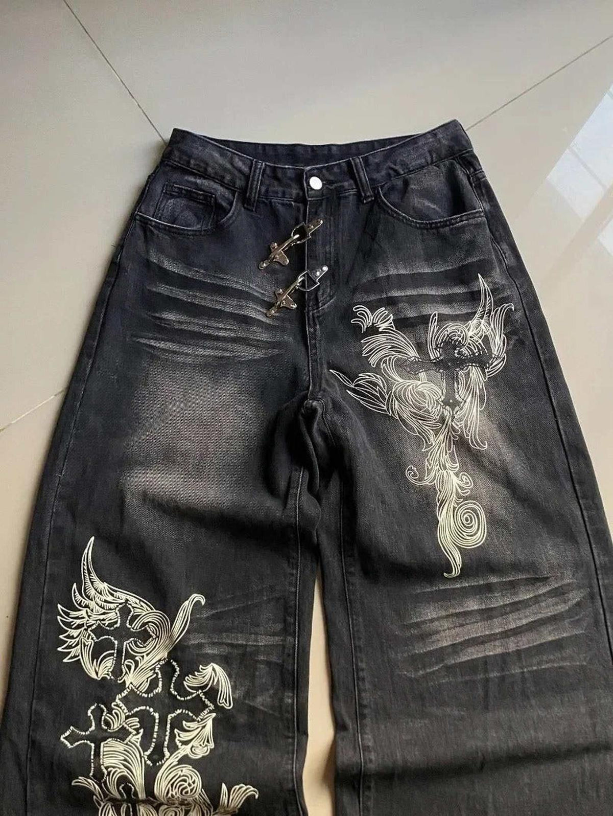 Washed Out Wide-Leg Denim — Y2K Oversized Graphic Jeans - IMG