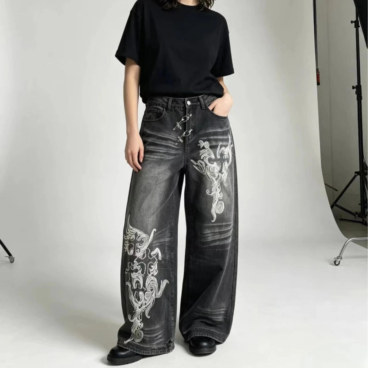 Washed Out Wide-Leg Denim — Y2K Oversized Graphic Jeans - IMG