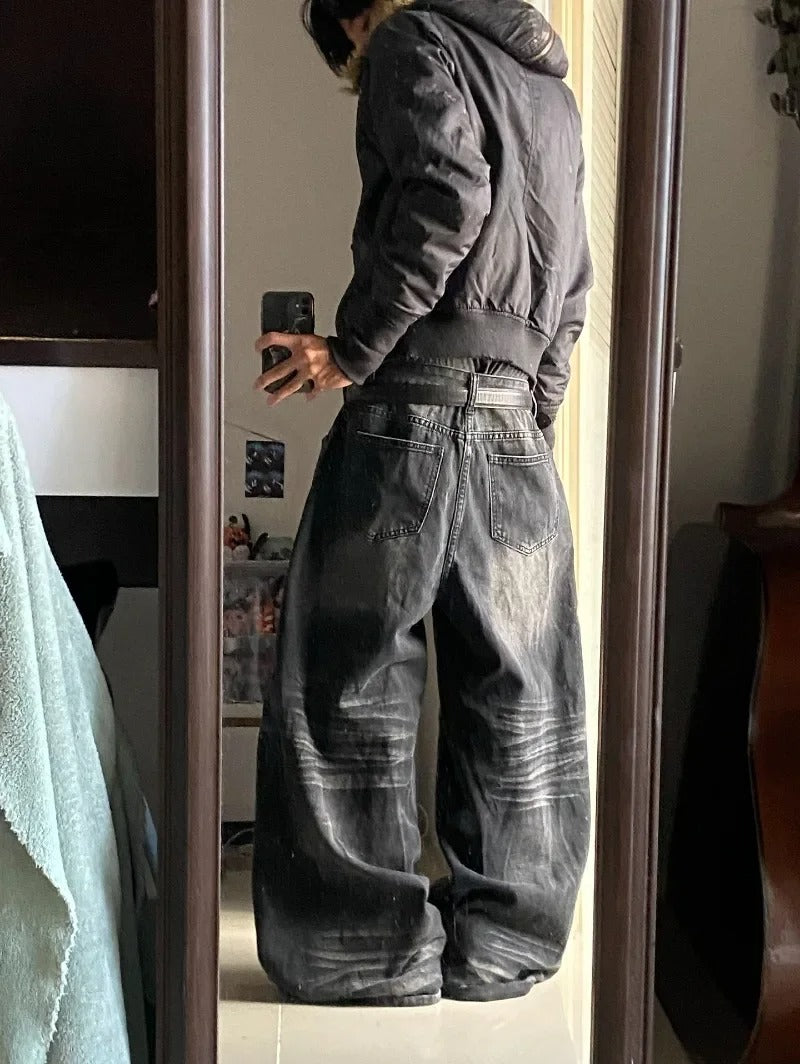 Washed Out Wide-Leg Denim — Y2K Oversized Graphic Jeans