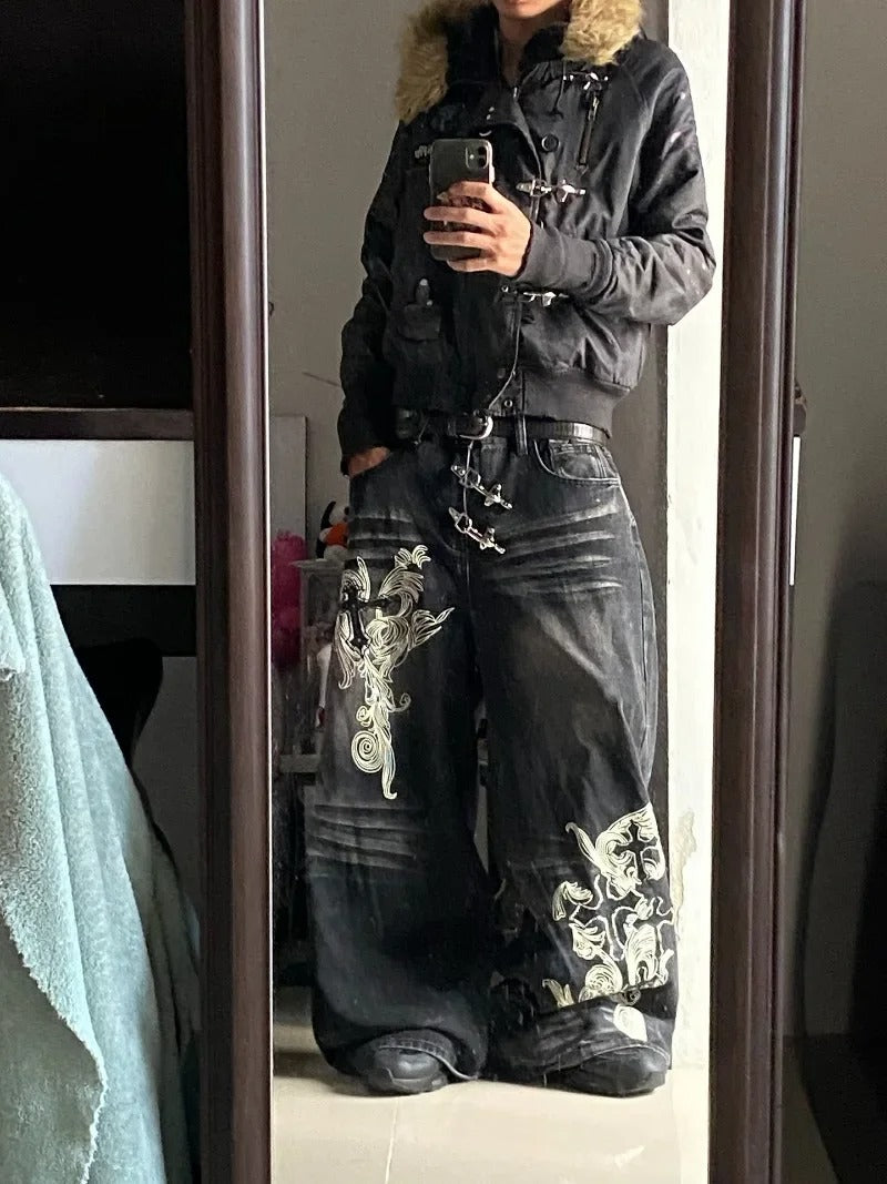 Washed Out Wide-Leg Denim — Y2K Oversized Graphic Jeans