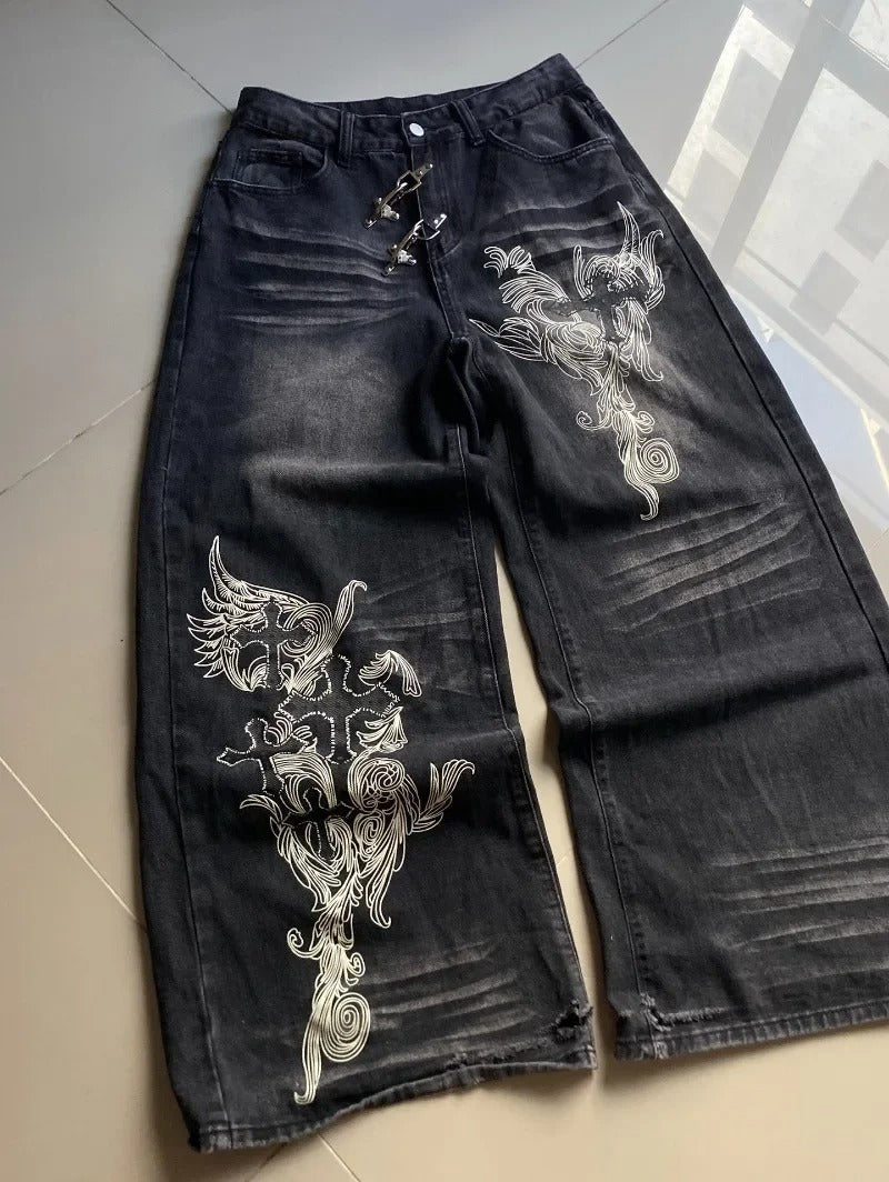 Washed Out Wide-Leg Denim — Y2K Oversized Graphic Jeans