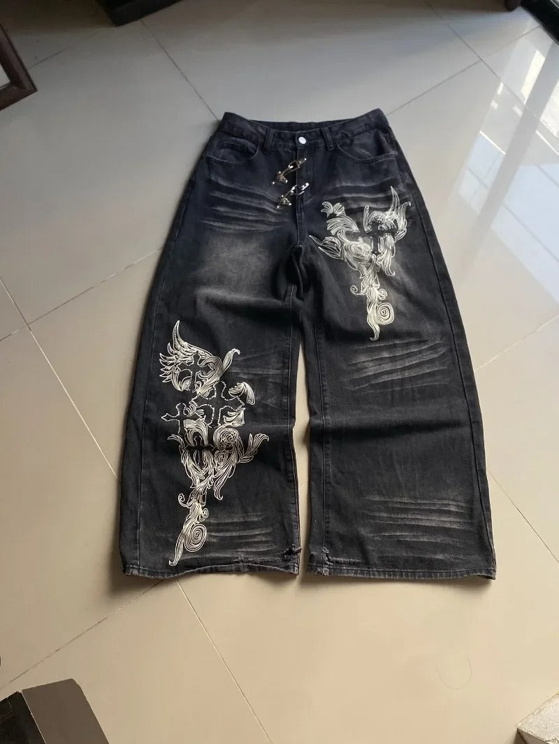 Washed Out Wide-Leg Denim — Y2K Oversized Graphic Jeans