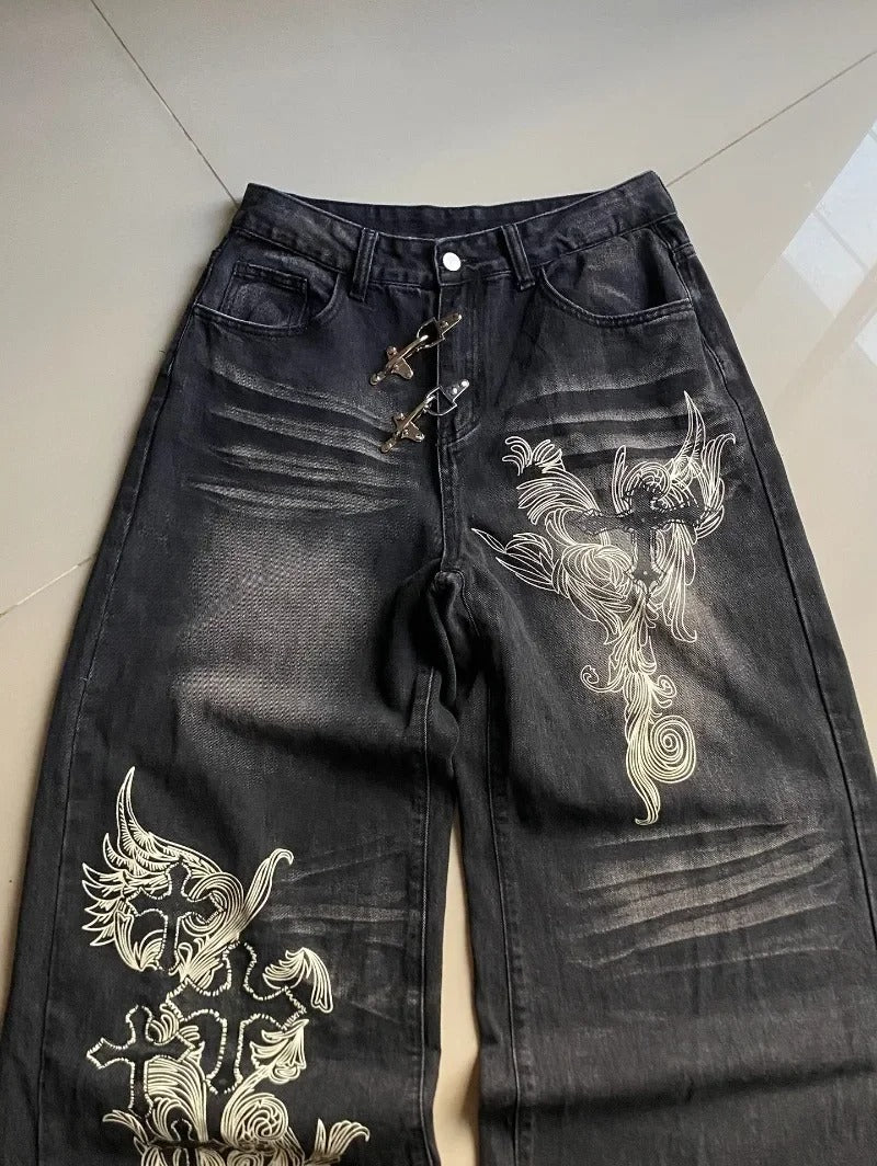 Washed Out Wide-Leg Denim — Y2K Oversized Graphic Jeans