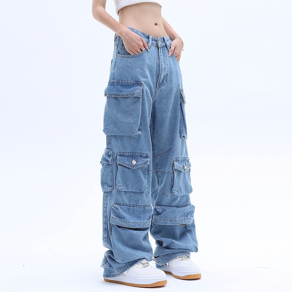 Women's Multi-Pocket Baggy Cargo Blue Jeans - Starphase
